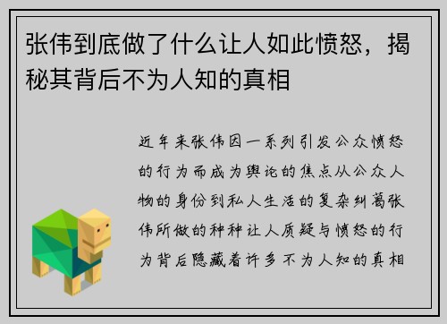 张伟到底做了什么让人如此愤怒，揭秘其背后不为人知的真相